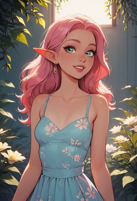 safe_pos, score_9, score_8_up, score_8, 1girl , solo sexy elf woman, light green eyes, straight long pink hair,  eyeliner, perfect face, elegant, refined, small breasts, colorful floral sundress, sweet smile, dynamic pose, volumetric lighting, cinematic lighting, indoors, greenhouse, vibrant colors, blurry background