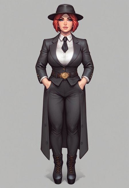 (masterpiece,best quality,4K,anime),1girl,mature,solo,(intense crimson hair),short hair,bob cut,wavy hair,bangs,blue eyes,beautiful eyes,perfect eyes,sculpted nose,natural color lips,black striped suit,white shirt,black blazer,black pants,belt,black necktie,(black fedora hat),long coat,two tone shoes,black and white shoes,1932 Ford car,standing next to car,city,street,vintage style,vintage,looking at viewer,hands in pockets,high resolution textures,cinematic,extremely detailed
((full-clothed armor)), ((long big pistol in hands, handgun in hands))
BREAK 
strange world background score_9, score_8_up, score_7_up, score_6_up, source_cartoon, rating_explicit, Expressiveh, (((((full body))))), dynamic pose