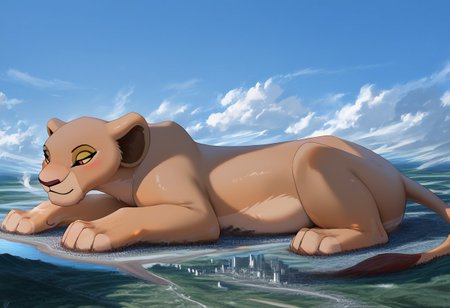 Safe_pos, score_9, score_8_up, score_7_up, detailed face, best quality, 1girl, solo, masterpiece, detailed background, beautiful, detailed eyes, mature female, giantess, macro
side view, lien,
1girl, solo, furry art, feral, Nala, Lioness , Solo, Lion King, Disney, furry, On fours, tail, full body view,
pin up pose, laying on side, light smile, narrowed eyes, blush
long river, skyline, cityscape, destroyed cityscape,  earthquake, steam, fog, craters