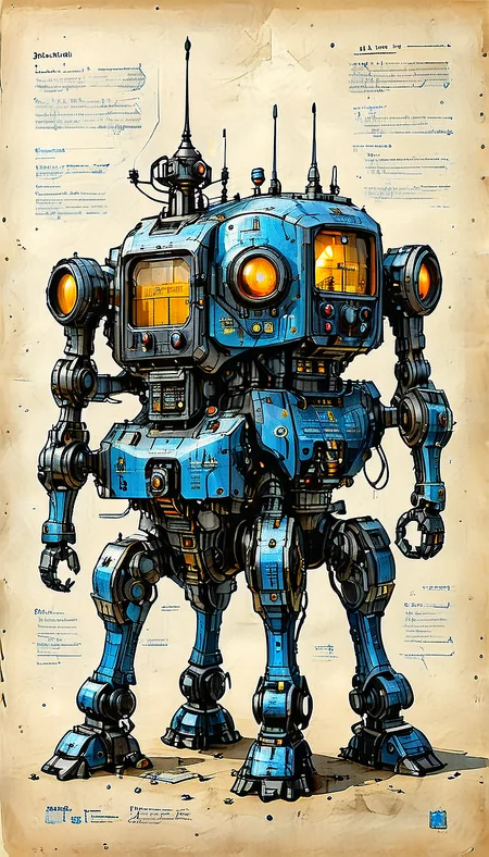 An illustrated medieval recipe of a (mecha, science fiction, radio antenna, outdoors, standing, reflection, Walking vehicle, black paint, blue paint), made with ingredients including: (mecha, antenna, parts, wires), text is Old English and Gothic, parchment page, intricate details, muted colors, high resolution, best quality, fantasy vibe
(ultra sharp focus:2), (detailed windows:2), (thin lines:2), (best quality:1.8),
<lora:MJ52:0.8> <lora:ParchartXL_CODA:1>
<lora:Apparatus_-_Traction_City_Walkers_Vehicles:0.8>,