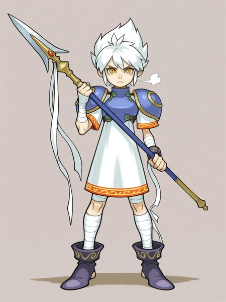 capcomfantasy,1girl, light skin, white hair, (short hair:1.1),serious expression,holding a large, stylized spear, (detailed clothing:1.2), light gray and white dress with segmented armor, bandages wrapped around legs, (accessories:1.1), (shoes:1.1), centered in frame, facing viewer,, vibrant colors, detailed, illustration, Breath of Fire 6,  