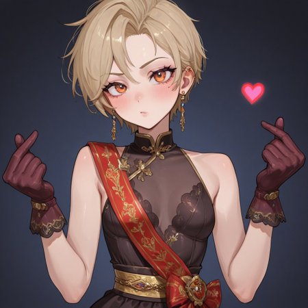 Pst, small breasts, earrings,sash,
gloves,solo,finger_heart gesture
