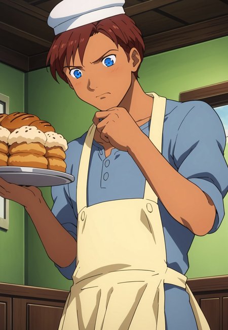 score_9, score_8_up, score_7_up, source_anime, cowboy shot, front view, BREAK, ( keith_laijie, blue eyes, brown hair, light brown skin, best eyes, looking down, baker's clothes, baker's hat, apron, determined expression, picking up a tray of buns, ) 1boy, male focus, solo, BREAK, bakery gloves, bakery,