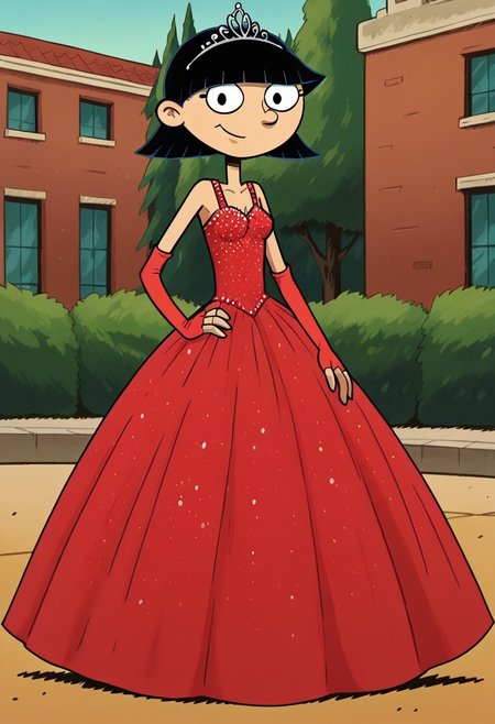 score_9_up,score_8_up,score_7_up,score_6_up,score_5_up,score_4_up BREAK rhonda,black hair, black eyes, bob cut, blunt bangs, Very large red floor length gown, ball gown, rhimestones. She is also wearing a tiara, hoop skirt, dome shape skirt, quinceanera, prom, pageant, long elbow length red fingerless Satin bridal gloves, contrapposto, hand on own hip, park, tree, building,smile,arm at side, leaning to the side, dutch angle, looking at viewer,    <lora:RhondaPony:1>