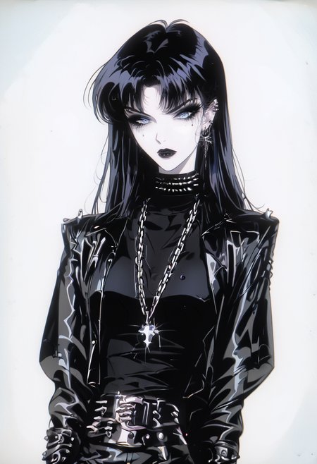<lora:SashaPXL:0.8>, goth, 1girl, solo,
Black velvet bralette pastel accents, High-waisted black shorts pink chain belt, White combat boots, pastel layered necklaces.
<lora:OldAnimeStyle_XL_v3:1> Vintage, 1990s \(style\)