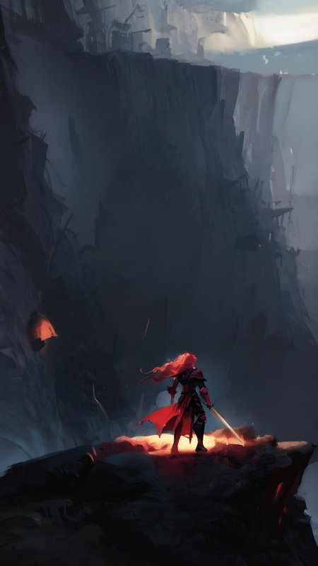 masterpiece, newest,absurdres,incredibly absurdres, best quality, amazing quality, very aesthetic, 
1girl, flowing red hair, long curly hair, dark glowing red armor, cliff, village, window light, holding sword,
  <lora:Hunternif16:1> <lora:VNMstyle:1>