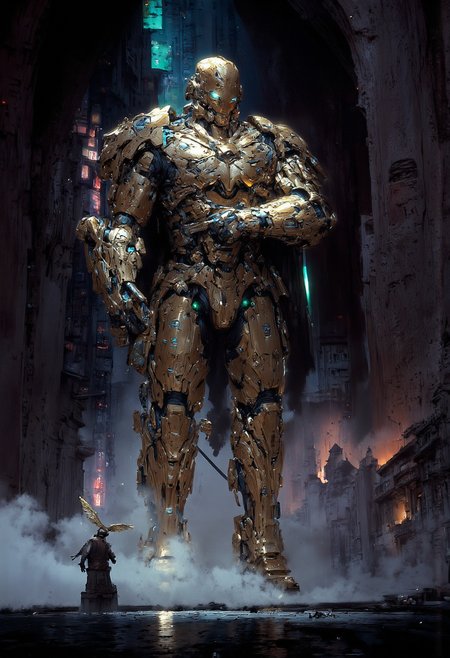 hyper realistic and highly detailed, highly dynamic cinematic medium full shot view, , green eyes, weapon, cyber boots in the color of the suit, , cyberpunk, dark gateway, behind the gateway a view of a cyberpunk city opens up, , 
night glare from neon signs, rain,
silhouette of a bird perched on a rooftop against a soft, pastel-hued sky, likely at dawn or dusk. The subtle colors and the peaceful, quiet moment create a calm atmosphere with a sense of simplicity and beauty.