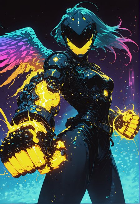 <lora:ck-shadow-circuit-IL:0.78>,
masterpiece, best quality, good quality, very aesthetic, absurdres, newest, 8K, depth of field, focused subject,
XenoPulse
stylized, gold and neon color palette, godlike, wabi sabi, 1girl, rainbow angel wings, looking at viewer, dynamic angle, from side, gates, heaven, 
wielding gold glowing radioactive energy gauntles as weapon, neon energy gauntlet, punching against the viewer, motion lines, speed_lines, dynamic shot, motion_blur, wind_effect, fast_movement, shockwave
<lora:MoriiMee_Gothic_Niji_Style_Illustrious_r1:0.45>
<lora:ck-nc-cyberpunk-IL-000011:0.4>
<lora:ck-neon-retrowave-IL:0.8>
 <lora:XenoPulseIL:1>
