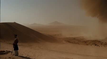 masterpiece, extremely high detail digital RAW color painting of building in desert, fire,sand,frame, art by Dragon Inn-18500