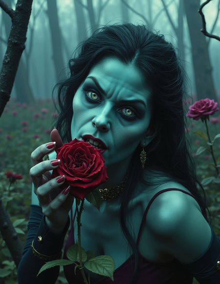 zavy-vmpr, Close-up from a low angle, a striking vampire with turquoise skin and luminous silver eyes, gently caressing a blood-red rose, an overgrown gothic garden filled with twisted black vines and ethereal mist, captured in a moody chiaroscuro style with dramatic lighting, featuring a jewel-toned color palette of deep emeralds and rich purples.