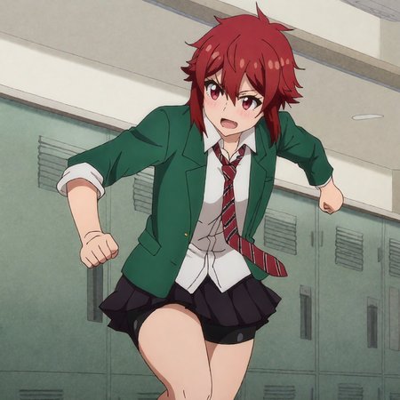 <lora:Tomo_pony_v1:.8> Tomo, 1girl, school uniform, red hair, pleated skirt, red necktie, red eyes, short hair, bike shorts, green jacket, white shirt, blazer, shorts under skirt, striped necktie, cowboy shot