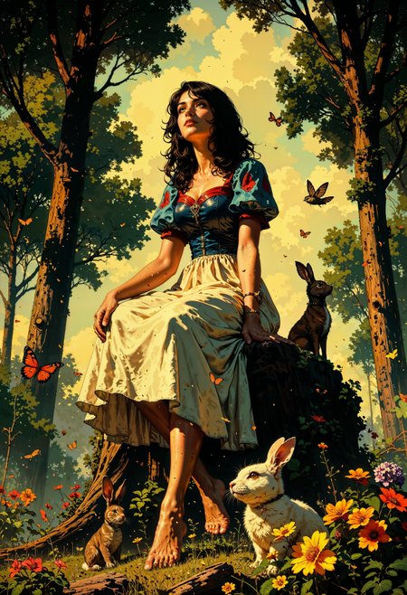 snow white. a digital painting in a fantasy art style, featuring a young woman sitting on a large tree stump in a lush, enchanted forest. The woman has a fair complexion, dark wavy hair, and is dressed in a classic fairy-tale gown. Her dress is predominantly white with puffy short sleeves in a vibrant blue, adorned with red accents on the shoulders. She sits with her hands resting on her lap, looking upwards with a serene expression. Her attire and demeanor suggest a character reminiscent of Snow White from the classic fairy tale.
Surrounding her are various animals, including a small brown rabbit on her left, a white rabbit to her right, and a brown rabbit in the foreground on the right. There are also several butterflies and a bird in flight, adding to the magical ambiance. The background is filled with tall trees with sunlight filtering through the leaves, casting a warm glow. The forest floor is covered in a variety of colorful flowers and greenery, enhancing the whimsical and serene atmosphere. The overall scene is rich in detail, with textures like the soft fabric of the woman's dress and the rough bark of the tree stump.  <lora:FluxMythG0thicL1nes:0.6> <lora:Luminous_Shadowscape:0.6> <lora:FredFraiStyle-FLUX-Share:0.6>  <lora:RetroAnimeFluxV1:0.6>