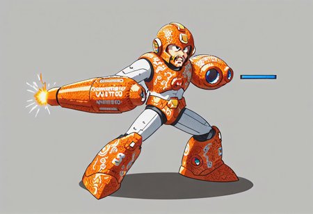 masterpiece, best quality, amazing quality, very aesthetic, high resolution, ultra-detailed, absurdres, 1boy, solo, male focus, humanoid, helmet, armor, arm cannon, orange peel, science fiction, health bar, from side, video game screencap, firing, beam attack, energy weapon,
