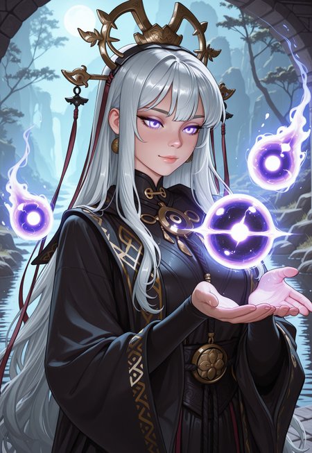 score_9, score_8_up, score_7_up, 1girl, solo, ethereal spirit, flowing translucent robes with shimmering celestial patterns, ancient lantern with a glowing orb and intricate engravings, long wavy silver hair adorned with moonstone pendants, realistic, cinematic angle, cinematic lighting, graceful body, serene face, glowing violet eyes, levitating pose
BREAK
floating above a tranquil moonlit lake
BREAK
source_fantasy_art, rating_explicit, expressive, full body, elegant pose
BREAK
detailed beautiful background, serene moonlit lake with calm waters and reflecting moonlight, ancient stone bridge and weeping willows, distant mountains with a soft glow, mystical atmosphere with a sense of peace and tranquility
<lora:Expressive_H:0.6>Expressiveh, (SimplepositiveXLv1:1.3), (upper body, full clothed:1.85) ((masterpiece)) (ultra realistic, 32k, masterpiece:1.2), (high detailed skin:1.1), (high quality:1.1) (((full clothed))) <lora:DandonFuga_Style_v.2_-_Pony:0.8> 
<lora:add-detail-xl:1> 
<lora:Dynamic Poses:1>