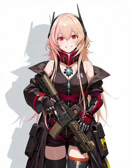 Volumetric Lighting, (masterpiece), (best quality), (ultra-detailed), masterpiece, source_anime, score_9, score_8_up, score_7_up BREAK, illustration, disheveled hair, detailed eyes, perfect composition, moist skin, intricate details, detailed eyes, detailed face, (((detailed fingers))) BREAK, long hair, blonde hair, pink hair, streaked hair, red hair, red eyes, BREAK, SopmodMOD3, MOD3_short_jumpsuit, MOD3_coat, MOD3_battle_mask, MOD3_chest_jewel, MOD3_coat_straps,single mechanical arm, MOD3_headgear, MOD3_single_glove, MOD3_thighhighs, banana (girls' frontline) BREAK, ((white background)), looking at viewer, smile, shadow, standing,upper body, m4 carbine, holding rifle, trigger discipline, off shoulders coat