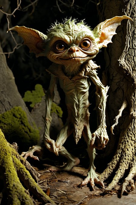 Capture the essence of a mischievous gremlin lurking in the shadows. The lighting should be dim, casting eerie highlights on its wrinkled skin and sharp, pointed ears. The gremlinâs eyes should gleam with curiosity and a touch of malevolence. Surround it with cluttered, ancient artifacts or gnarled tree roots to enhance the mystical atmosphere.