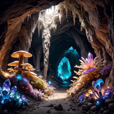 RAW photo, (masterpiece:1.3), subsurface scattering, heavy shadow, (high quality:1.4), (intricate, high detail:1.2), professional photography, HDR, High Dynamic Range, realistic, ultra realistic, photorealistic, high resolution, film photography, ambient lighting, atmospheric effects, <lora:detail_slider_v4:2>, OverallDetail, <lora:CrystalCaves:0.7>, cave, cryca, crystal, gem, mushrooms, nature, rock, scenery, a dwarven miner, <lora:DwarvenArmor:0.83>, DwarAr