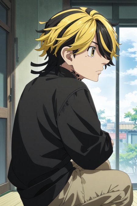 score_9, score_8_up, score_7_up, source_anime, rating_safe, , semi-realistic, , , 1boy, solo, male focus, <lora:kazutora_hanemiya_pony:0.9>, kazutora_hanemiya, blonde hair, yellow eyes, short hair, multicolored hair, two-tone hair, black hair, hair over one eye, bangs, , , profile, energy plant, indoors, light, squatting, :o, , <lora:sdxl_lightning_8step_lora:1>
