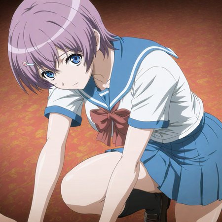masterpiece,high score,great score,absurdres,solo,anime coloring,looking at viewer,<lora:AnnaIchinose hassakuill30:1> annaichinose, purple hair, short hair, hairclip, blue eyes,serafuku,bow,skirt,socks,