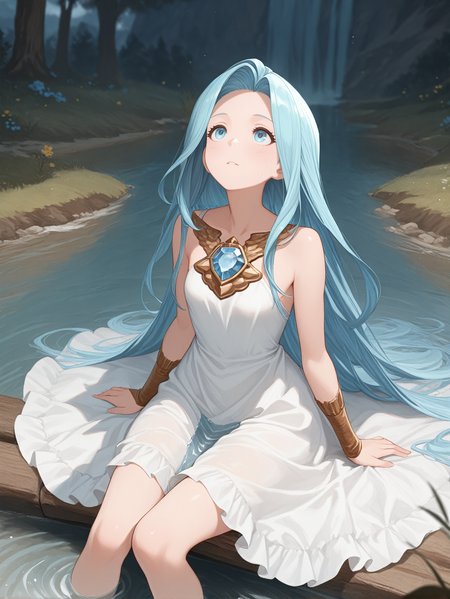 masterpiece, best quality, amazing quality, very aesthetic, absurdres, newest,
<lora:ILGFLyria:1.0>
GFLyria, 1girl, blue hair, blue eyes, long hair, jewel, Sitting by the riverbank with a small picnic spread, the flowing water glimmering as she looks up at the stars in awe.