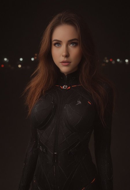 cg, a ginger woman wearing an impressive futuristic suit standing in an impressive, brown hair, ((alienship with turquoise and red lights)), Cinematic, high resolution, sharp focus, mystical, alien, science fiction, futuristic, dynamic style, CGI style, Cross processing color correction, perfect face, perfect eyes, realistic