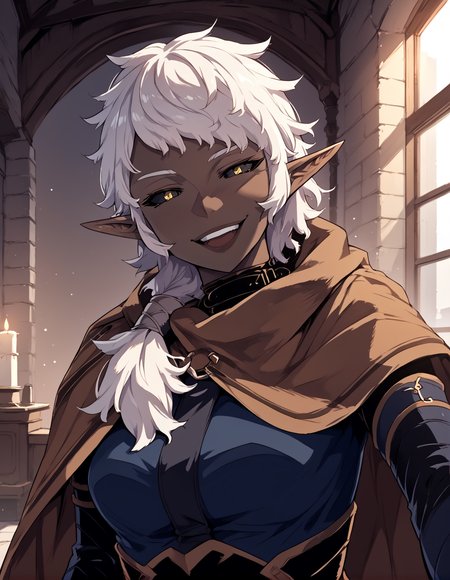 <lora:Camil-000004:1>
pointy ears, black sclera, dark skin, White hair,dark elf, elf, yellow eyes, brown cape, <lora:!action-sdxl-V0.5:1>
score_9, score_8_up, score_7_up, score_6_up, source_anime, rating_explicit, 1girl, solo, smile, half-closed eyes, open mouth, mansion, indoors, looking at viewer, outstretched arms, pov, close-up, (head tilt:1.2)  <lora:light:1>