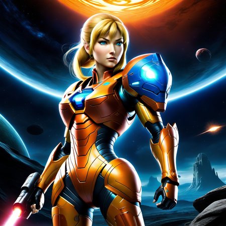 Samus Aran stands defiantly on an uncharted alien planet's surface. Swirling, tumultuous galactic storms gather overhead, casting eerie luminescence. Energy beams pulse rhythmically from her iconic arm cannon, engaging in a fierce battle with a massive, intimidating alien creature, its roar echoing in the foreign atmosphere.