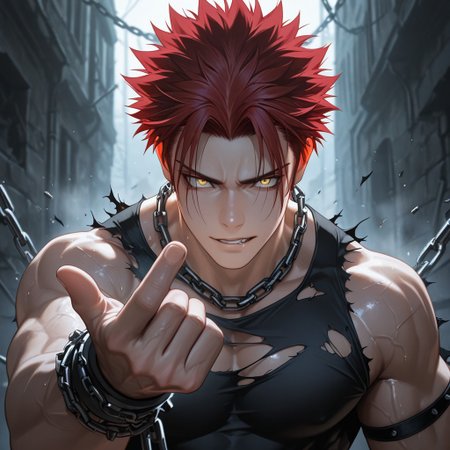 masterpiece, best quality, amazing quality, absurdres, newest, detailed background, definition so sharp, Ultra-HD, 8K cinematic, very awa, impressionate, amazing quality, highres, 
solo, male focus, manly, 
1boy, spiked hair, short hair, mikoto_red hair, mikoto_yellow eyes, mikotosuoh, half body, reaching out, inviting gesture, beckoning, torn clothes, showing skin, muscular, chains \(props\), broken, confined, smoldering eyes, challenging, defiant, captivating