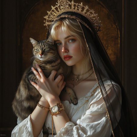 Religious iconography, female figure, blonde hair, holding cat, golden halo, black veil, white dress, ornate details, serene expression, digital art, mystical theme, high contrast, dramatic lighting, intricate design, golden accents, ethereal atmosphere.logoan