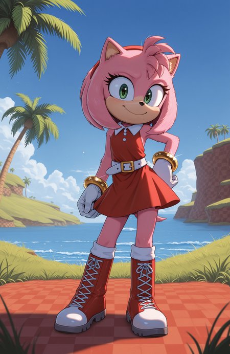 1girl, solo, full body, no humans, furry,
<lora:Movie-Amy-AdamW:1> movieamy, petite, short legs, happy, smile,
red hairband, red dress, sleeveless dress, backless outfit, white belt, collared dress, white socks, white gloves, standing, lace-up boots, red boots,
contrapposto, standing, smile, looking at viewer, hand on own hip, gold bracelet,
<lora:Green_Hill_Zone-IL:0.8> gr33nh1ll, outdoors, blue sky, palm tree, grass, water, checkered dirt, extremely detailed, highres, masterpiece, best quality