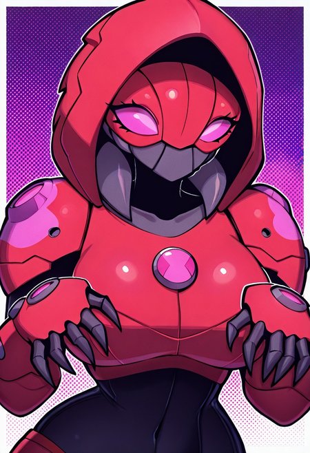 masterpiece, best quality, amazing quality, very aesthetic, absurdres, newest,, detailed background, 
waterhazard, solo, red armor, red hood up, , helmet,  mecha, alien, claws, pink eyes, 1girl
 upper body, halftone effect, white borders, abstract background:1.2,
welith, curvy, busty, black skin, pose, pink spots,