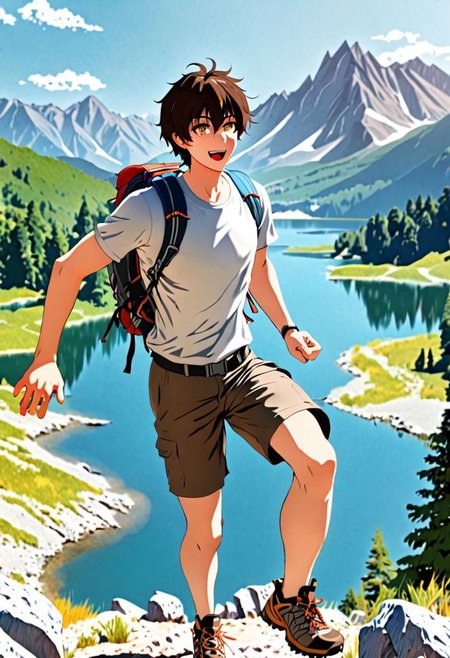 Highres, Masterpiece, High Quality, 4K, 8K, solo, 1Boy, Seiya Kanie, short dark brown hair, golden eyes, hiking gear, mountains, lakes, hiking trails, hot sun, hot weather, cool breeze, excited, stepping, happy, amazed, sweat drops, trees, rocks, easynegative, detailed_eye_model