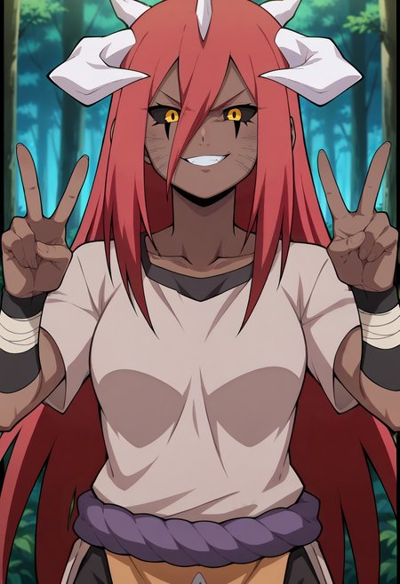 forest, solo,  looking at viewer, upper body, evil grin, double v,
ctayuya,very long hair, hair between eyes, red hair,long bangs, horns, black sclera,yellow eyes,dark skin,facial mark,  medium breasts, collarbone,
tunic,grey dress, rope, short sleeves, black sports bra,black shorts, black armband, toeless footwear, bandages, pelvic curtain,
anime screencap, masterpiece, best quality,  <lora:ctayuya v1:0.9>,