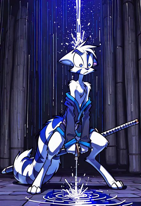 Mace, Dreamkeepers, 1boy, anthropomorphic, feline-like, white fur, spiky hair, masterpiece, best quality, chest fur, <lora:Dreamkeepers_Mace_Illustrious:0.8>,
,masterpiece, best quality, amazing quality, male, score_9, score_8_up, score_7_up, solo, no text, high detailed, high quality, masterpiece, no text, quality highlights, 8k detail, detailed background, ultra-detailed,  high quality, best quality, rendering, high resolution, best render quality, standing, facial features, white skin, Japanese Temple, medium bushy tail, male, detailed hair, narrow shoulders, one tone torso, two tone face, two tone tail, sexy, vibrant details, fluffy fur, blue eyes, wide curves, black nose, Blue and black robe, katana, serious expression, looking cool, rain pouring down, dark lighting, jumping a gap, intense expression, angry, determined, Odachi,