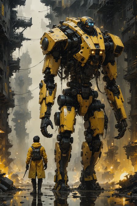 science fictional movie still, ((in style of Jeremy Mann and Wadim Kashin)), (black and yellow), vintage, masterpiece, visually stunning, evocative, best quality, very intricate and detailed,