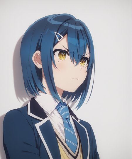 score_9, score_8_up, score_7_up, highres, hi res, best quality, masterpiece, 2d, intricate details, 4k, anime coloring, shadow, uncensored,
1girl, solo, female, yellow eyes, blue hair, mole, short hair, mole under eye, hair ornament, hair between eyes, hairclip, v-shaped eyebrows, frown,
shirt, jacket, school uniform, white shirt, necktie, collared shirt, blue jacket, blazer, portrait, blue necktie, striped necktie, diagonal-striped clothes, diagonal-striped necktie,
cowboy shot, looking at another,
white background, simple background, <lora:Chika_Watanabe1024_Pony:1>
