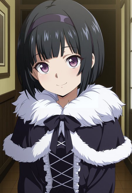 1girl,solo,mm,short hair,black hair,bangs,hairband,purple eyes,anime coloring,
fur trim,dress,frills,upper body, looking at viewer, smile,indoors
,masterpiece,best quality,amazing quality,<lora:PhilippiteNoire-Ulysses_Jeanne_dArc_and_the_Alchemist_Knight:0.8>