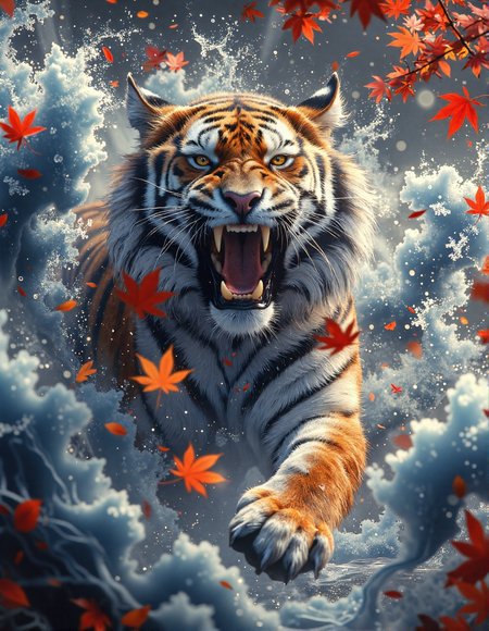 dramatic, stylized digital painting of a roaring Bengal tiger emerging from a swirling snowstorm. The tiger is the central focus, facing directly forward with a fierce, open-mouthed roar, showcasing its teeth and powerful expression.  The tiger is surrounded by stylized waves of white and blue snow, resembling fluid brushstrokes and stylized clouds. Interspersed throughout the snow and around the tiger are bright red-orange maple leaves or similar foliage, adding vivid color contrast. The background is a soft, muted grey-blue, emphasizing the tiger and the swirling snow.  Capture the scene in a bold, painterly style, reminiscent of traditional Asian ink wash paintings but with vibrant digital colors and textures, focusing on the tiger's powerful presence and the dynamic movement of the snow, <lora:RetroAnimeFluxV1:0.4>, <lora:FantasyWizardWitchesFluxV2-000001:0.7>, <lora:aura_v2_beta2:0.6>, <lora:anhei_first_flux_lora_v1:0.3>