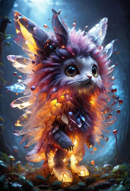 Mix the glowing-mushrooms, bunny and curly fur to create adorable magical creature with big glowing eyes, masterpiece, Surrealism, close-up, macro photo, f/1.2, backlighting, Albert Edelfelt, multicolored hair