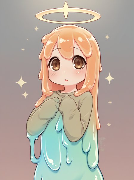 score_9, score_8_up, score_7_up, source_anime, solo, 1girl, , Sheepshead Fish girl, slime hair, Light Brown eyes, multicolored background, halo, , kionant,  <lora:kionant_PDXL-000002:1>