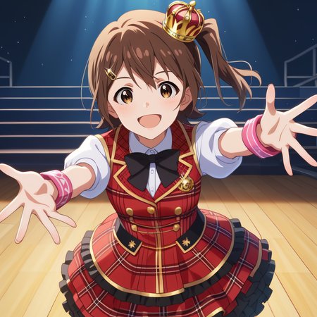 score_9, score_8_up, score_7_up, source_anime, rating_safe, intricate details, anime screencap, official style, anime coloring, 1girl, solo, <lora:Kasuga_Mirai:1>, kasugamirai, brown eyes, brown hair, small_king_crown, white shirt, black bowtie, red plaid dress, red plaid vest, short sleeves, white juliet sleeves, black_frills:1.2, pink wristbands,  layered skirt, looking at viewer, smile, cowboy shot, open mouth, outstretched hands to the viewer, five fingers, detailed hands, stage, idol