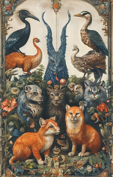 masterpiece,best quality,<lora:tbh266-sdxl:0.9>,illustration,style of Bestiary portrait of family
