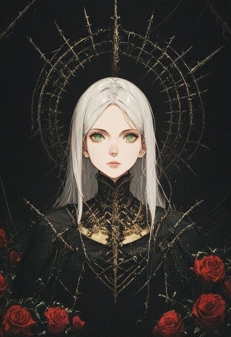 score_9, score_8_up, score_7_up, 
female, long white hair, beautiful face, green eyes,
(dark knight), bulky, heavy, medieval, dark theme, armor, (golden sword), golden trim, black cape, 
close up, full body, (red roses background: 0.7), thorns, sideways,
easynegative, xenotr1p,