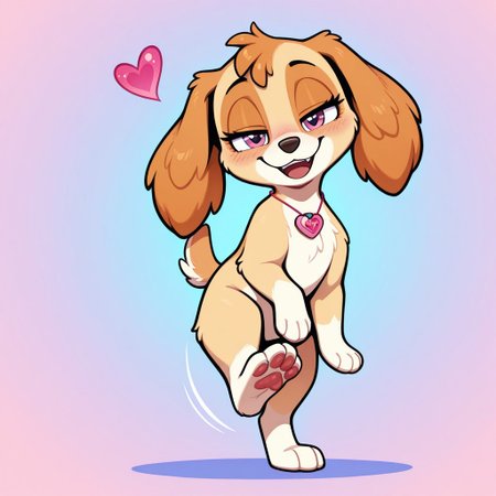 Skye, puppy, (((no neckwear except pink necklace))) BREAK playful, confident, cheeky, friendly, smug, adorable, loving, expressive eyes, standing, (((((((raising front right foot))))))), BREAK happy, female, standing, score_9, score_8, score_7, no humans, (((full body))), standing, solo, female, feral, hight definition, no neckwear except pink heart necklace, hyper detailed, best quality, amazing quality, 1girl, cute, cute smile, cute pose, 8k, masterpiece, eyelashes, (((half-open eyes))), slightly open mouth, smile, looking at viewer, sweety pose <lora:Furry_Enhancer Chroma V1:1>