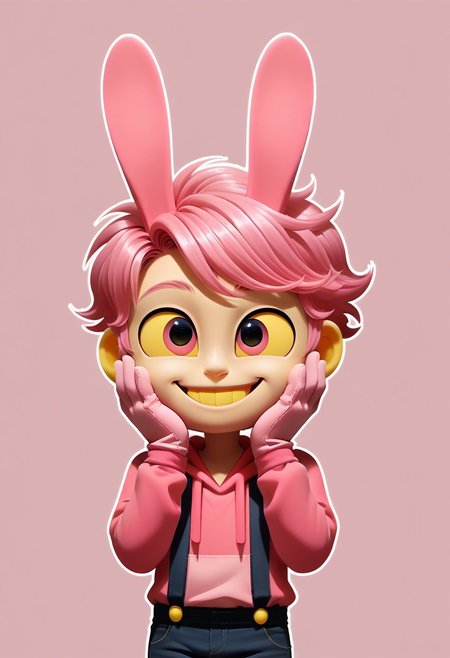 score_9, score_8_up, score_7_up, rating_safe, source_cartoon JaxTADC, solo, gloves, 1boy, animal ears, hands on face, upper body, portrait, toes, animal ears, rabbit ears, suspenders, chibi:1.9, male focus, human:1.9, pink hair, hot pink hoodie, pants, hot pink gloves, yellow sclera, colored sclera, Hot pink eyes, yellow teeth, rabbit feet, Hot pink cornea, wavy hair, small town
