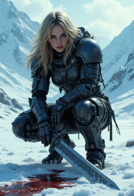 DGC style digital illustration, Magic style,
Close-up.An atmospheric and powerful dark fantasy image, classical style painting of a beautiful female DarkA40k space marine dressed in intricate power armor. She crouches with her head down and her dirty blonde hair falls over her face. She holds a powerful sword of dark steel. There is blood in the snow around her from a fallen enemy. Cinematic shot in a snowy mountainous region.