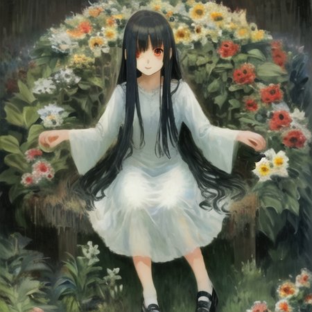 ((masterpiece)),(best quality), <lora:Sadakobest:0.9>, white dress, red eyes, <lora:claudeMonetPainting_v2:1>, flower field, heavy fog, happy atmosphere, colorful, sitting down, ( big bounce light), black shoes,
