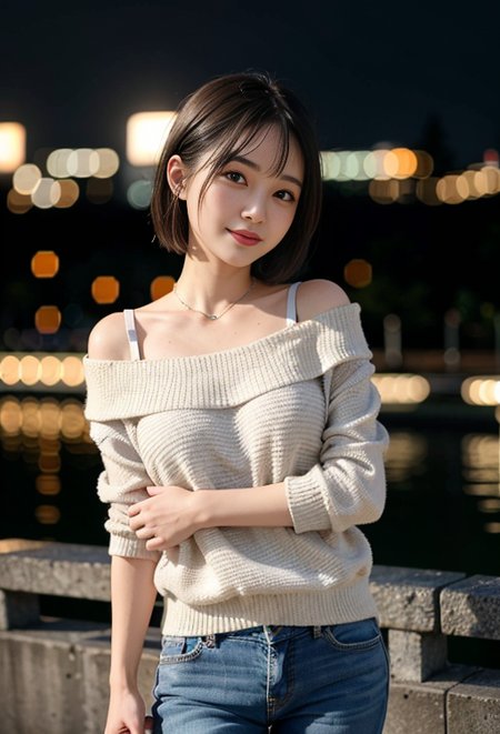 (8k, RAW photo:1. 2), (best quality:1),(soft focus:1. 4),(sharp focus:1. 4) (ultra highres:1.2),(photorealistic:1),detailed beautiful face, beautiful white shiny humid skin,
LEICA NOCTILUX 50MM F1.0,

1 woman ,short  hair , beautiful eyes, (smiling:1.2),small head,samll face,


wear jumper ,bule jeans, walking in in city ,

cityscape, night portrait , (bokeh:1.1),
photon mapping, radiosity, physically-based rendering,

(realistic lighting:1),

 <lora:Fancy_V1:0.4>