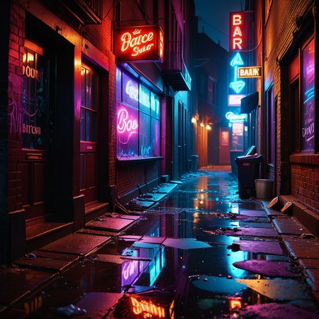 A dark and grimy alleyway behind a dance bar at night, illuminated by dim, flickering neon lights in shades of red and purple. The alley is narrow and lined with aged, graffiti-covered brick walls. Scattered trash and puddles reflecting the dim light create a gritty atmosphere. The scene feels damp and unwelcoming, with faint traces of smoke and steam rising from a nearby vent. Broken glass and discarded items litter the uneven ground. The distant hum of a neon sign and faint sounds of music leaking from the bar add to the urban, moody ambiance of the night.
<lora:SDXLFaeTastic2400:0.4> <lora:extremely_detailed:0.4> extremely detailed, Masterpiece,best quality,hi res,8k,hi res,8k,award winning,(sharp focus, intricate, highly detailed),