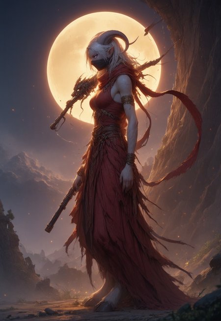 (absurdres, best quality, masterpiece:1.4), score_9, score_8_up, score_7_up, score_6_up, detailed, detailed body, detailed face, world of warcraft, fantasy, <lora:add-detail-xl:1.5>, 

fFaceDetail, SkinDetail, ((female, draenei, tall, athletic arms, pale white skin, smooth skin, long white hair, purple eyes, no pupil, no sclera, long white tail), (h0rns, ram horns, white horns), 
(long fingers, purple fingernails, purple nail polish)), 

(long loose red dress, simple armlet, black facemask, red silk scarf), GunMonk, shotgun, holding shotgun,

full body, side view

outdoor, evening, mountains, moon